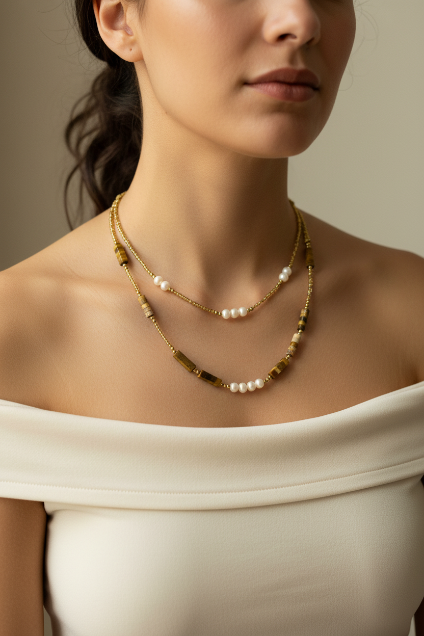 Tiger Eye & Pearl Necklace - Solo Model