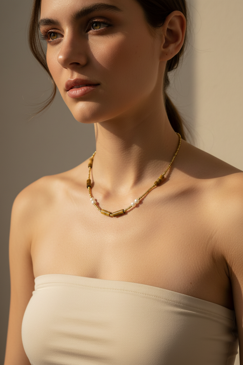 Tiger Eye & Pearl Necklace - Strapless Model