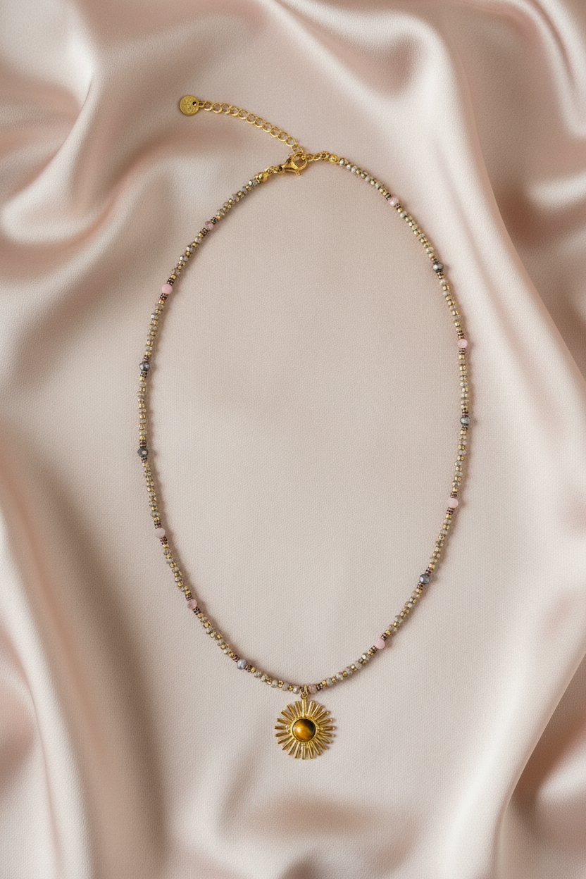 Tiger Eye Sun Pendant Necklace - Flat lay