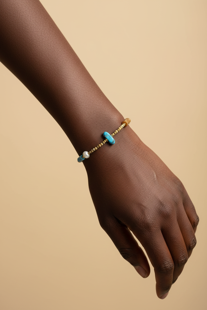 Turquoise Bar & Pearl Olive Stone Bracelet — Dark Skin Wrist