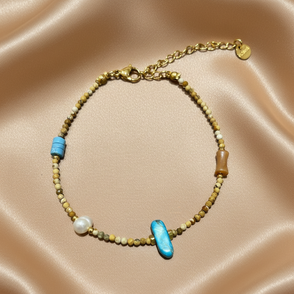 Turquoise Bar & Pearl Olive Stone Bracelet — Satin Flat Lay