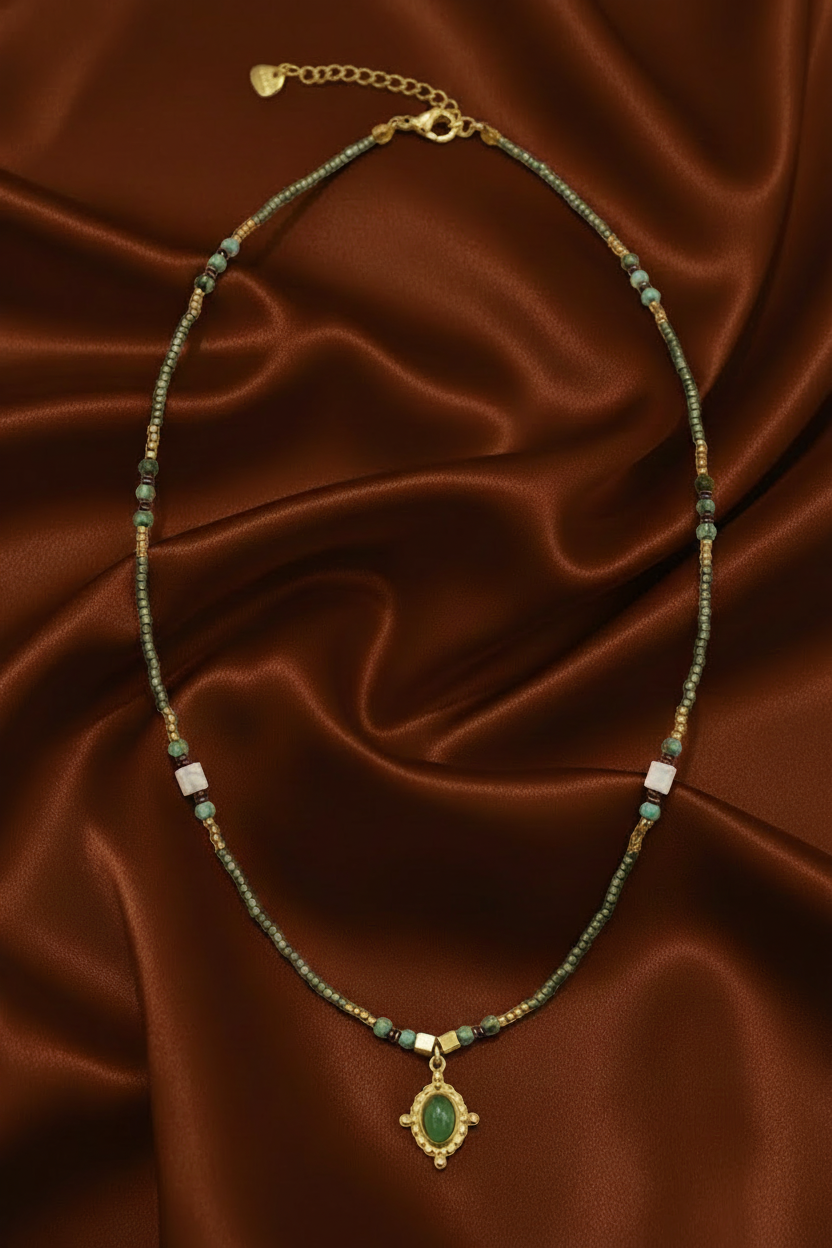 Vintage Jade & Gunmetal Green Necklace — Hazelnut Brown Satin