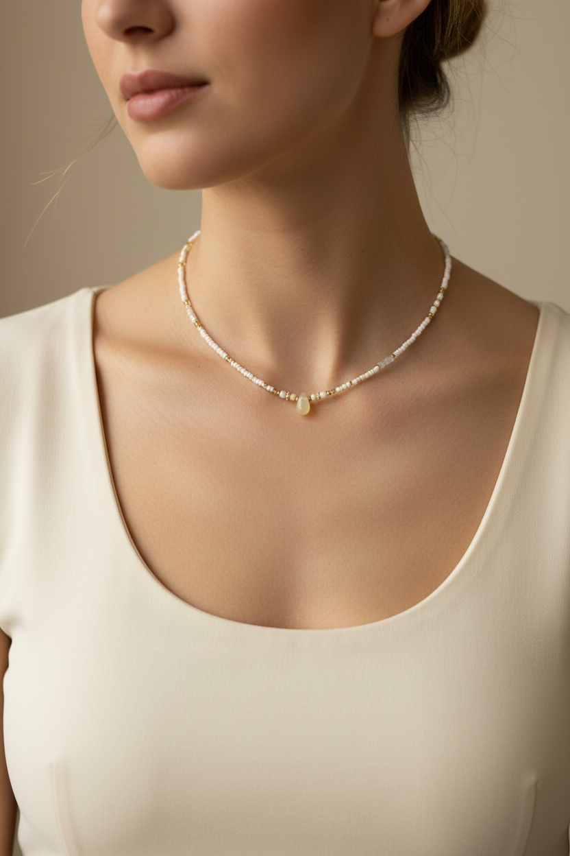 White & Gold Teardrop Necklace — Model
