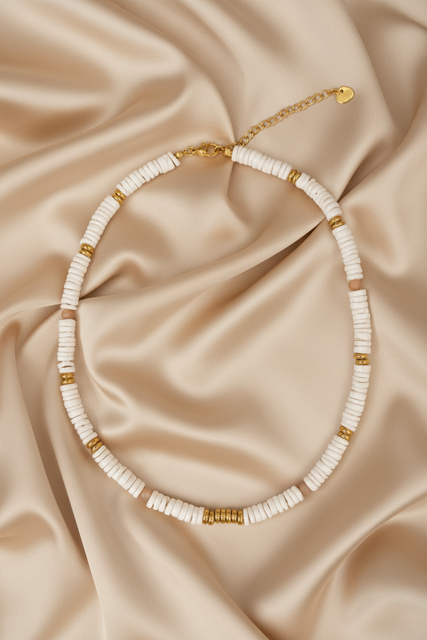 White Heishi & Gold Rondelle Statement Necklace — Flat Lay