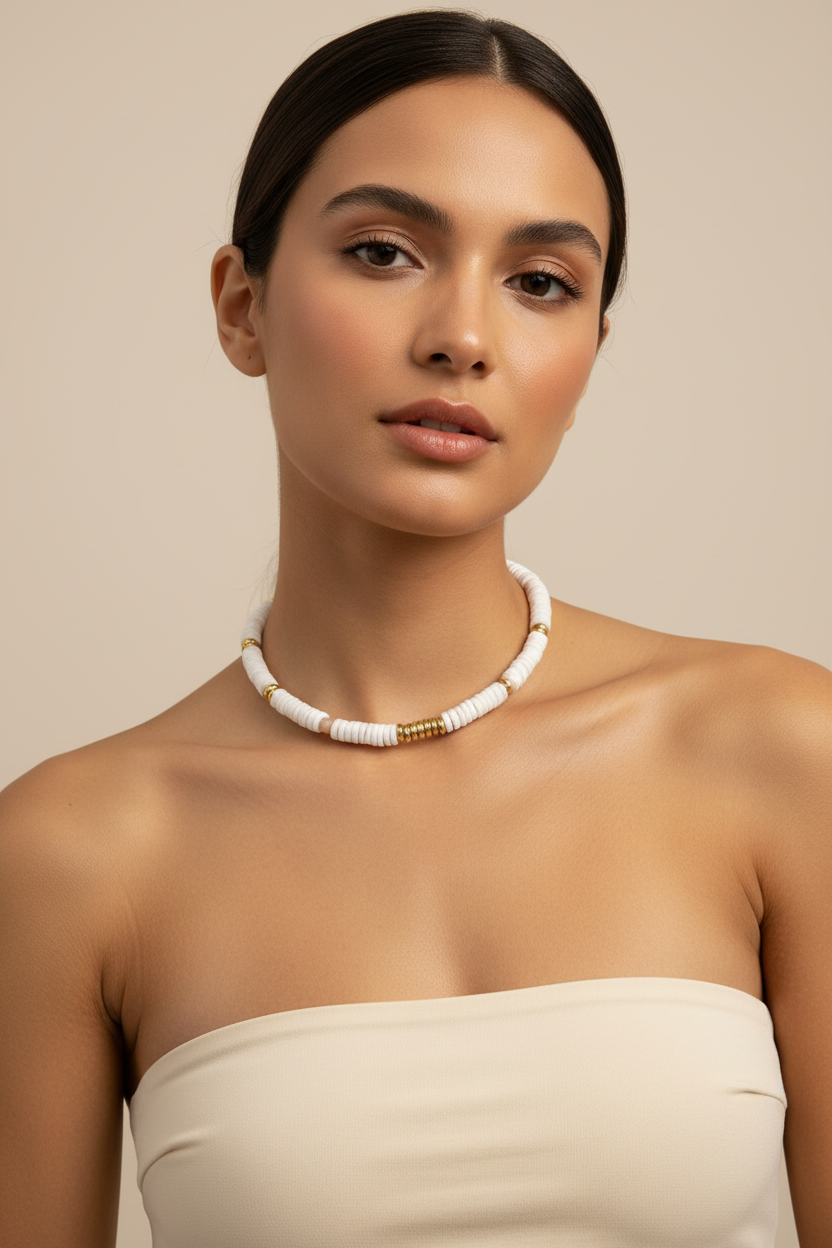 White Heishi & Gold Rondelle Statement Necklace — Model
