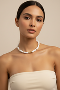 White Heishi & Gold Rondelle Statement Necklace — Model