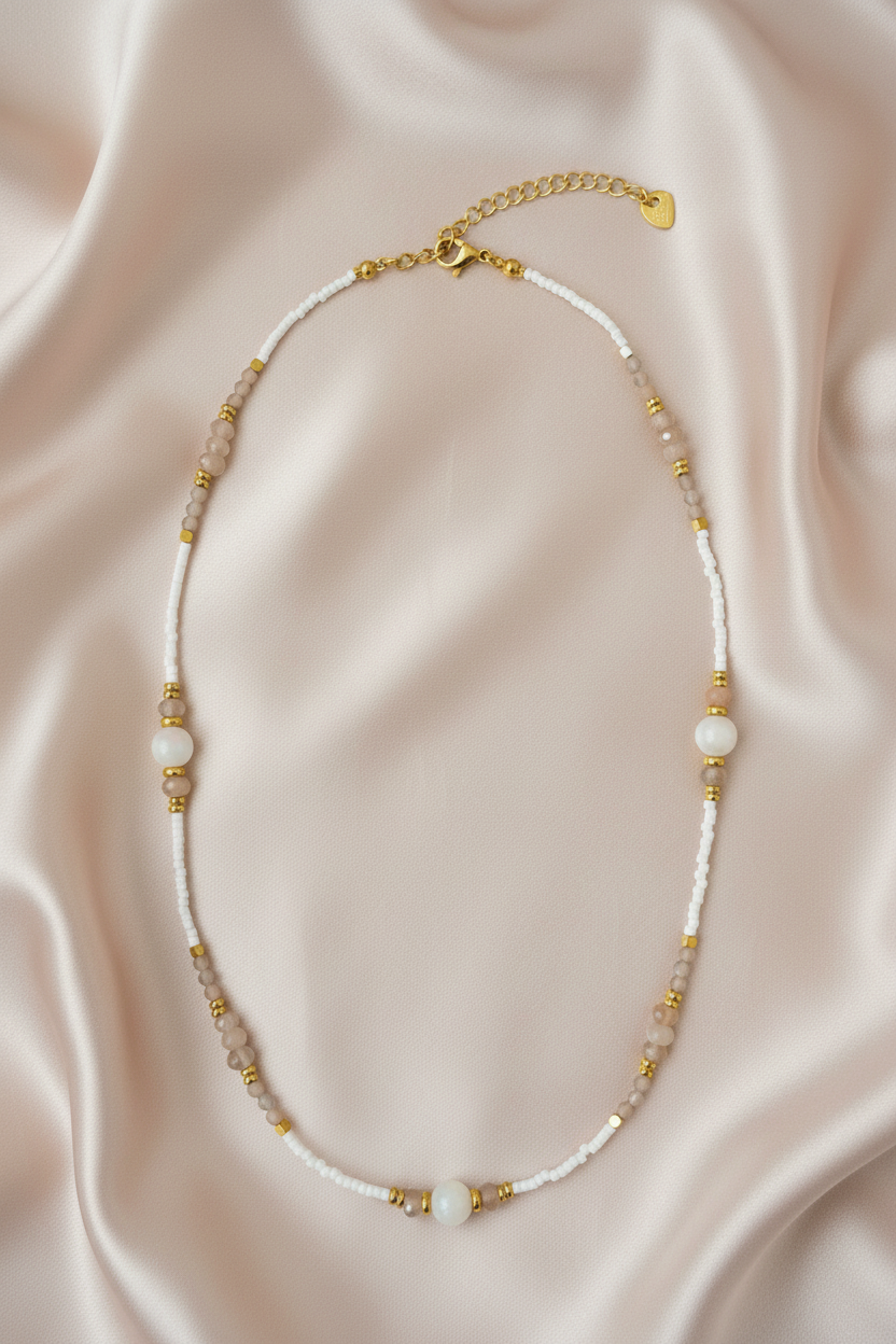 White Moonstone & Grey Stone Necklace - Flat lay