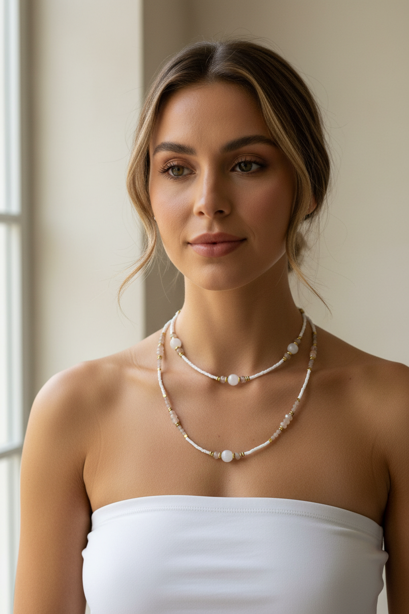 White Moonstone & Grey Stone Necklace - Model