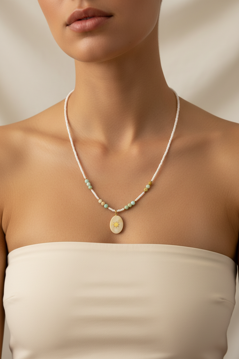 White Seed Bead & Shell Sunburst Necklace — Model Shot
