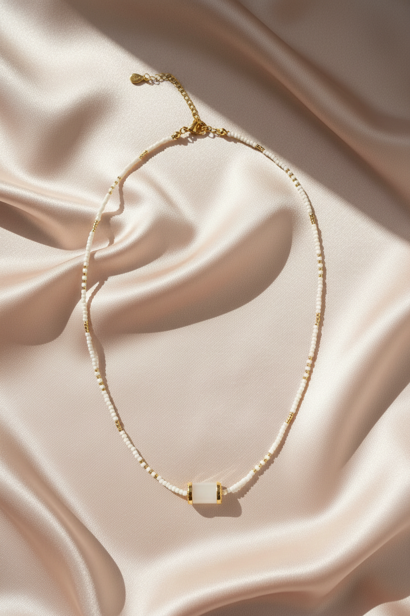White Seed Bead Stone Necklace - Flat lay