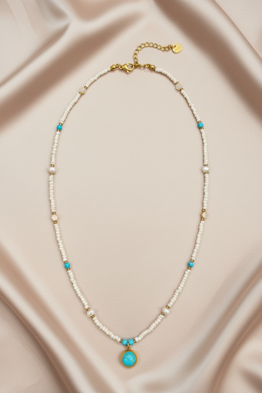 White Seed Bead Turquoise Pendant Necklace - Flat lay