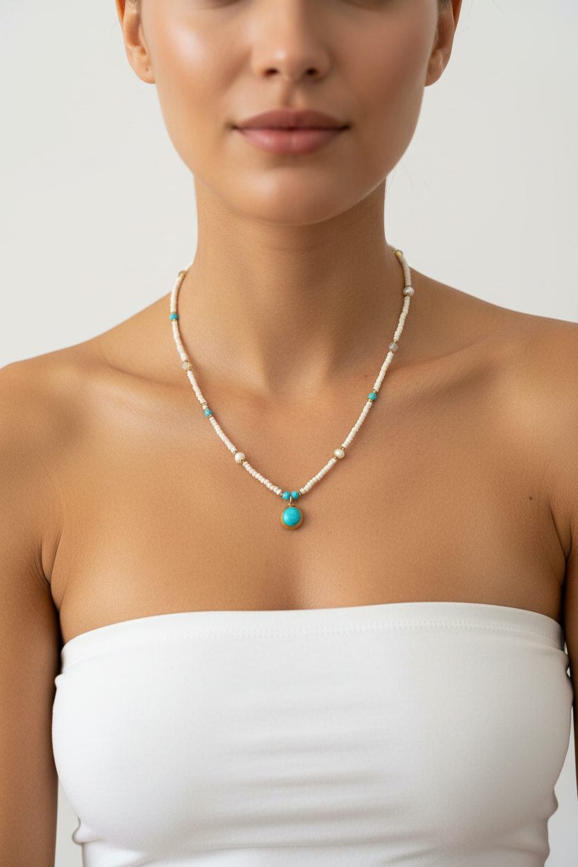 White Seed Bead Turquoise Pendant Necklace - Model