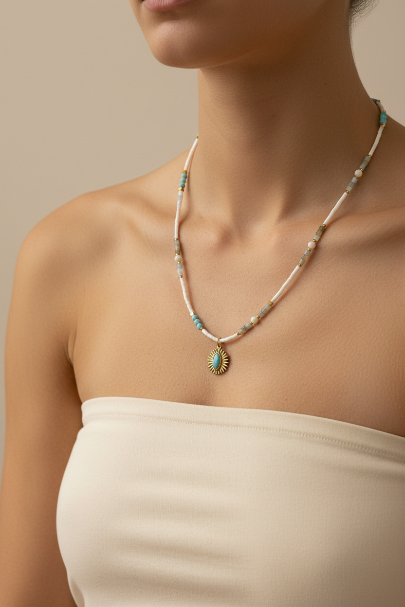 White Tube & Turquoise Sunburst Pendant Necklace — Model